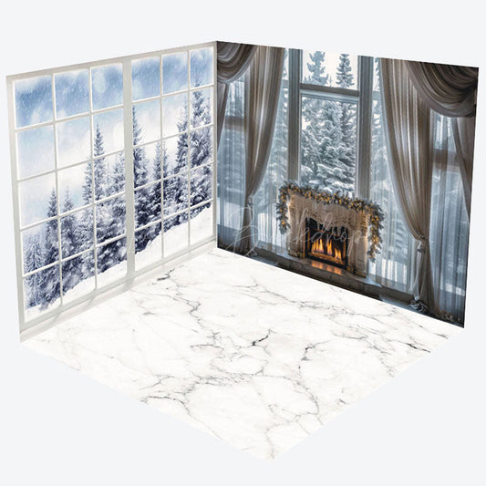 Lofaris White Window Snowy Forest Christmas Room Set Backdrop