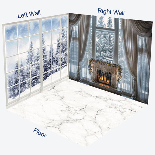 Lofaris White Window Snowy Forest Christmas Room Set Backdrop