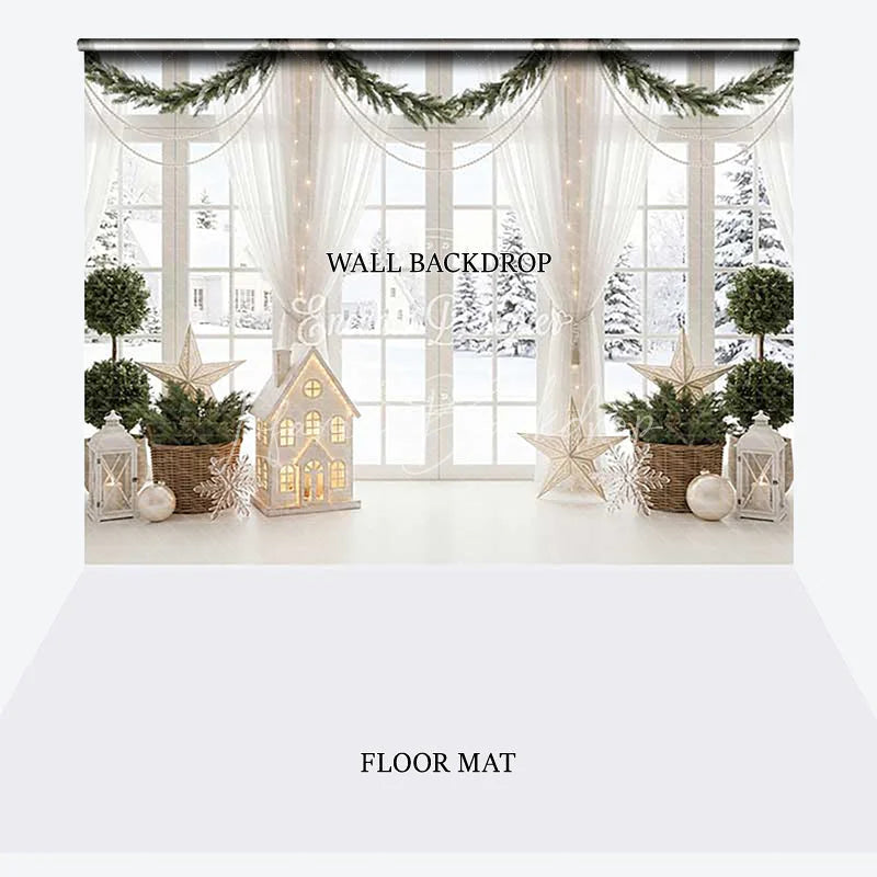Lofaris White Window Snowy Winter Scene Christmas Garland Combo Set Backdrop Festive Holiday Home Decor Photography