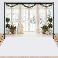 Lofaris White Window Snowy Winter Scene Christmas Garland Combo Set Backdrop Festive Holiday Home Decor Photography