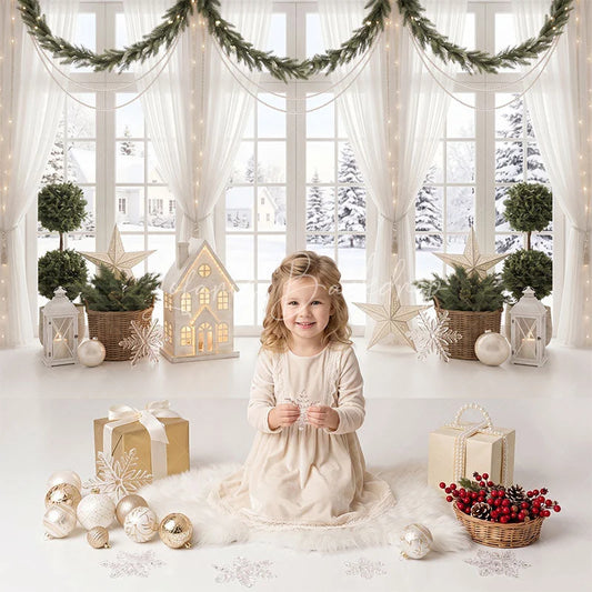Lofaris White Window Snowy Winter Scene Christmas Garland Combo Set Backdrop Festive Holiday Home Decor Photography
