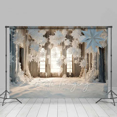Lofaris White Winter Window Backdrop Hanging Paper Snowflakes Snow Floor Bright Room Photo Background
