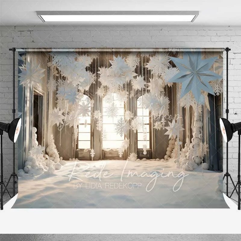 Lofaris White Winter Window Backdrop Hanging Paper Snowflakes Snow Floor Bright Room Photo Background