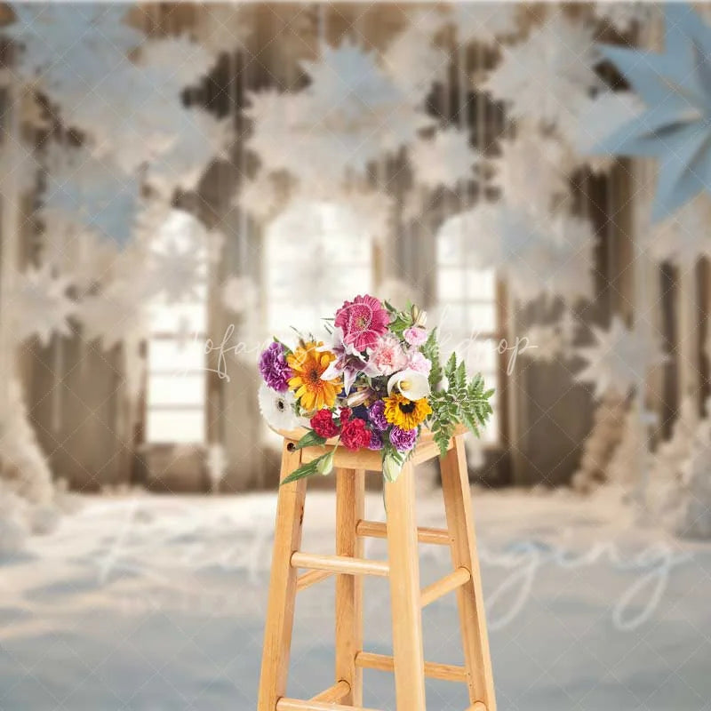 Lofaris White Winter Window Backdrop Hanging Paper Snowflakes Snow Floor Bright Room Photo Background