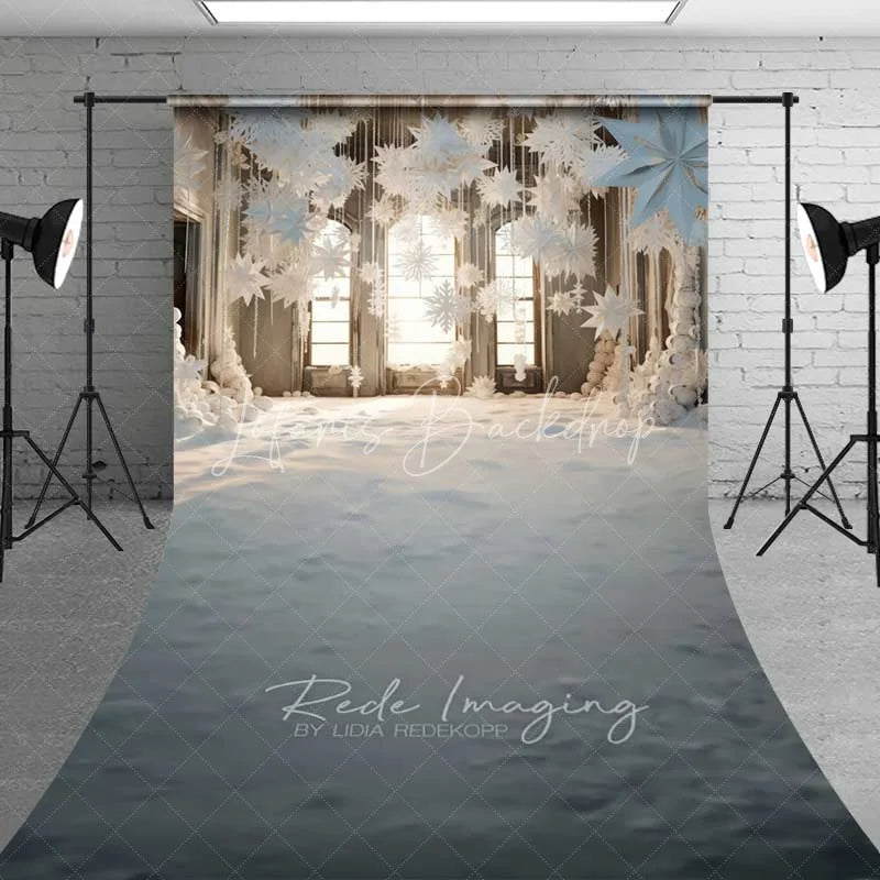 Lofaris White Winter Window Sweep Backdrop Hanging Paper Stars Snow Floor Bright Room Photo Background