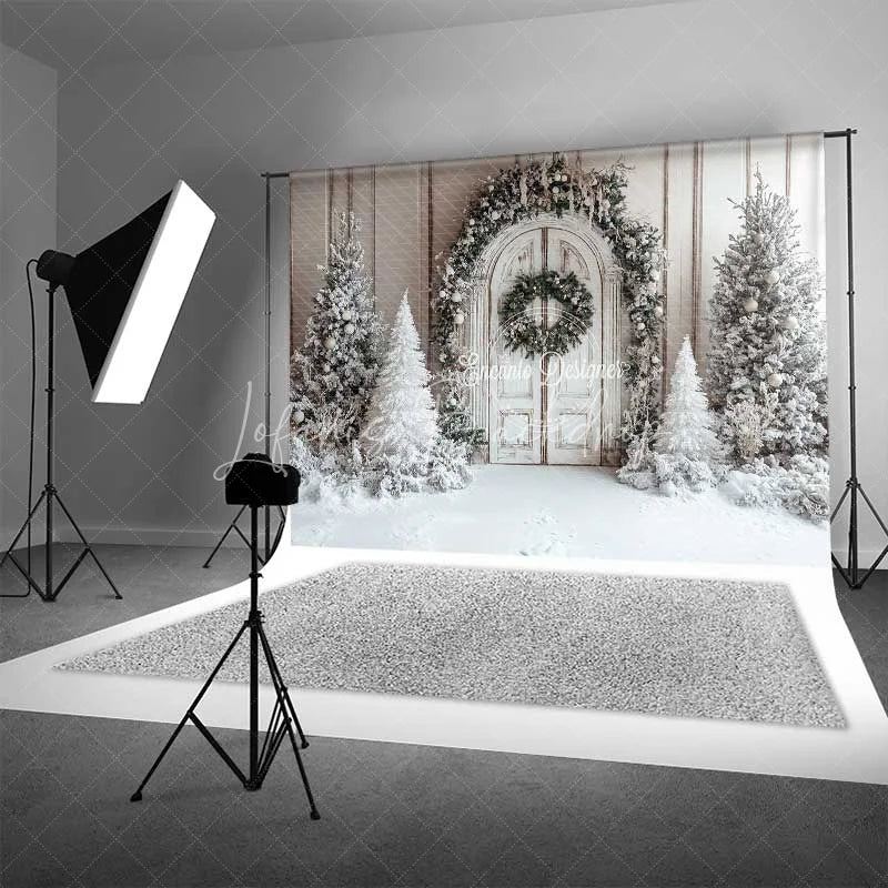 Lofaris White Wood Door Christmas Backdrop Snowy Flocked Tree Garland Photography Background
