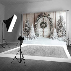 Lofaris White Wood Door Christmas Backdrop Snowy Flocked Tree Garland Photography Background