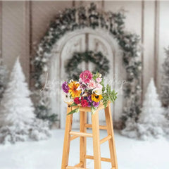 Lofaris White Wood Door Christmas Backdrop Snowy Flocked Tree Garland Photography Background
