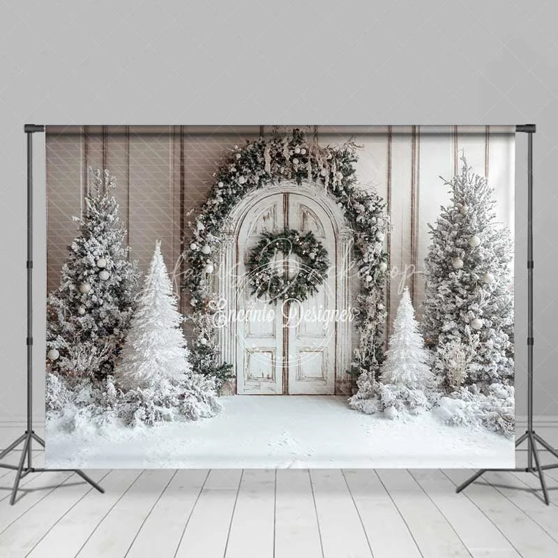 Lofaris White Wood Door Christmas Backdrop Snowy Flocked Tree Garland Photography Background