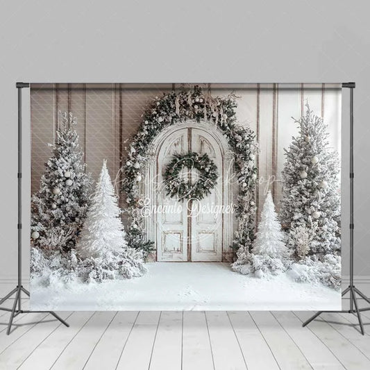Lofaris White Wood Door Christmas Backdrop Snowy Flocked Tree Garland Photography Background