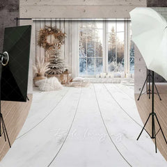 Lofaris White Wood Floor Christmas Sweep Backdrop Winter Window View Flocked Tree Minimalist Photo Background