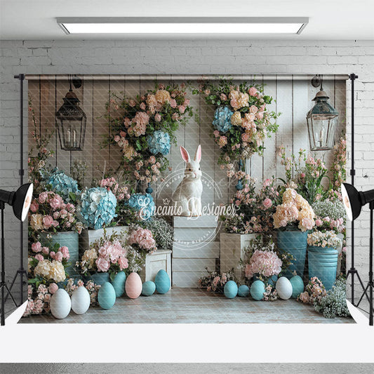 Lofaris White Wood Wall Color Floral Bunny Easter Backdrop
