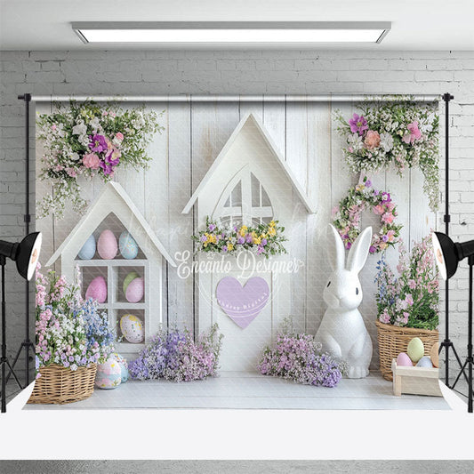 Lofaris White Wood Wall Eggs Bunny Floral Easter Backdrop