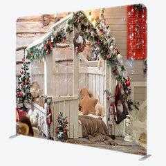Lofaris White Wooden House Christmas Fabric Tension Backdrop