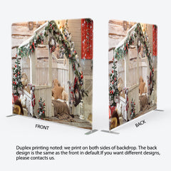 Lofaris White Wooden House Christmas Fabric Tension Backdrop