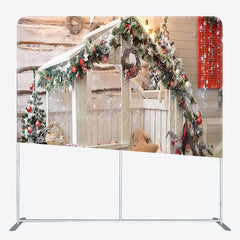 Lofaris White Wooden House Christmas Fabric Tension Backdrop