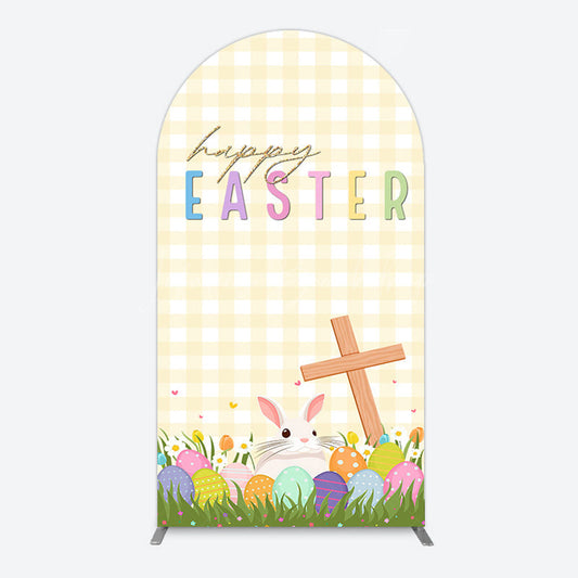 Lofaris White Yellow Plaid Eggs Bunny Easter Arch Backdrop