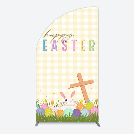 Lofaris White Yellow Plaid Eggs Bunny Easter Half Moon Arch Backdrop