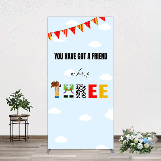 Lofaris Whos Three Blue Sky Toy Happy Birthday Rectangle Backdrop