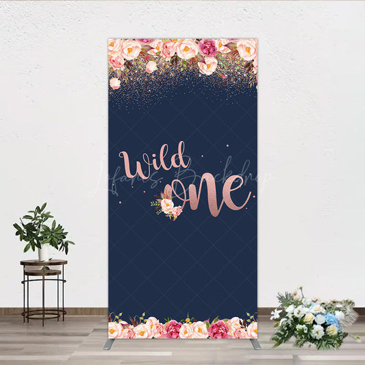 Lofaris Wild One First Birthday Rectangle Backdrop for Girl Boho Floral Navy Blue and Rose Gold Party Decor Photo Booth Banner