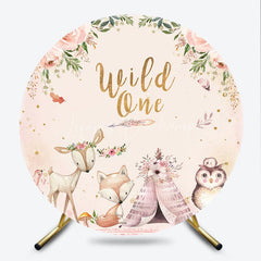 Lofaris Wild One First Birthday Round Backdrop Boho Woodland Animals with Fox and Deer Girl or Boy Party Decor