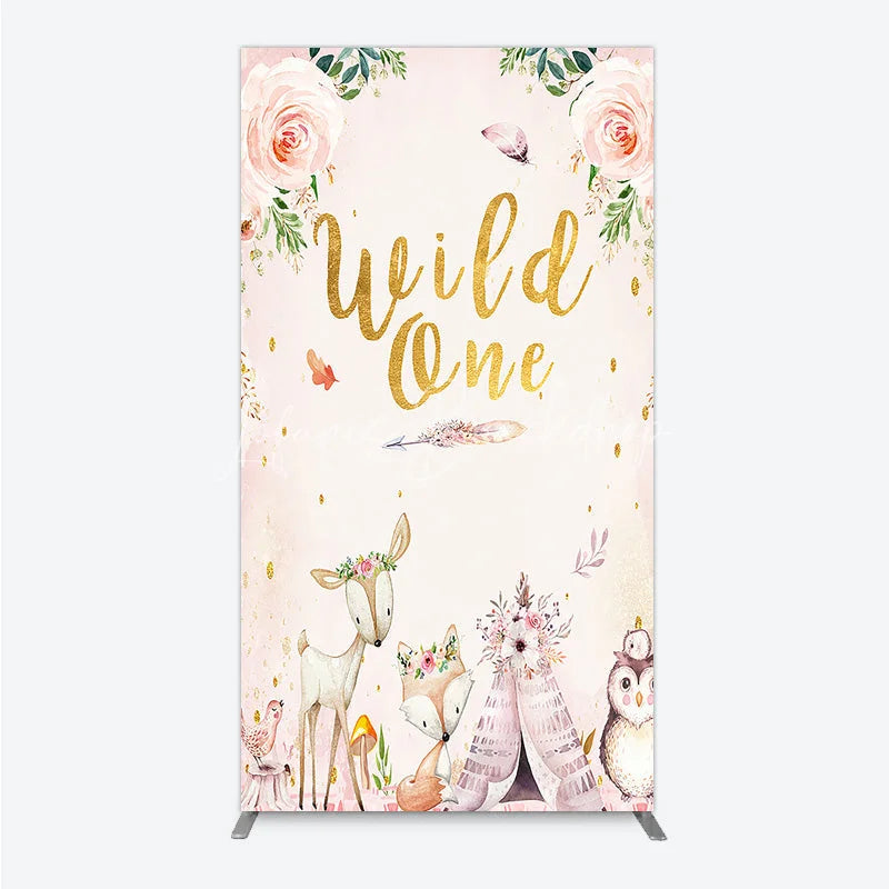 Lofaris Wild One Rectangle Backdrop Boho Woodland Animals Baby Shower Pink Floral Fox Deer Party Decor for Girl