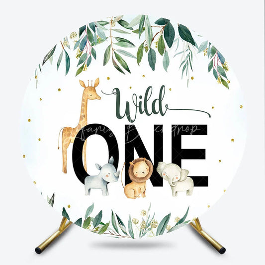 Lofaris Wild One Safari Animals Round Backdrop Watercolor Lion Elephant and Giraffe First Birthday Background