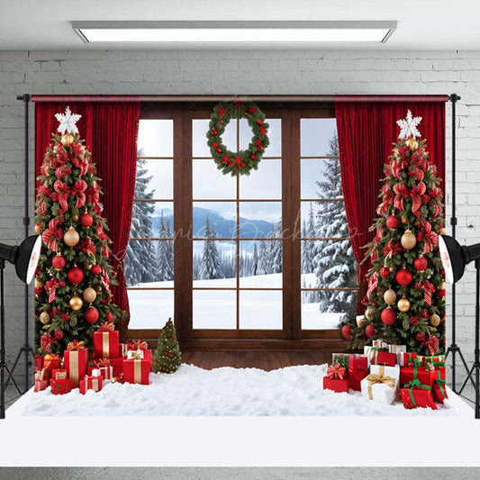 Lofaris Window Outside Snowy Scene Wreath Christmas Backdrop