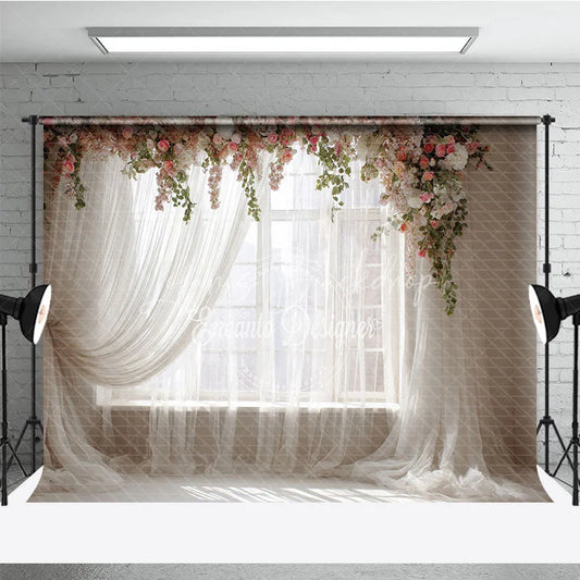 Lofaris Window Photography Backdrop with Sheer Curtains Romantic Pink Floral Garlands Natural Light Portrait Studio Prop