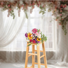 Lofaris Window Photography Backdrop with Sheer Curtains Romantic Pink Floral Garlands Natural Light Portrait Studio Prop