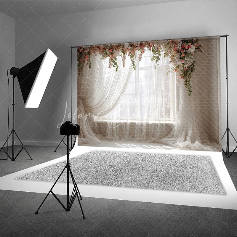 Lofaris Window Photography Backdrop with Sheer Curtains Romantic Pink Floral Garlands Natural Light Portrait Studio Prop