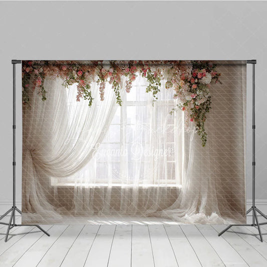 Lofaris Window Photography Backdrop with Sheer Curtains Romantic Pink Floral Garlands Natural Light Portrait Studio Prop