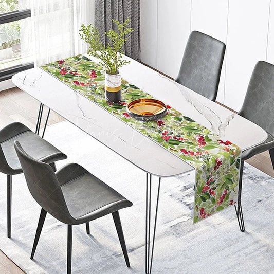 Lofaris Winter Berry and Greenery Table Runner Watercolor Christmas Holly Holiday Botanical Decor