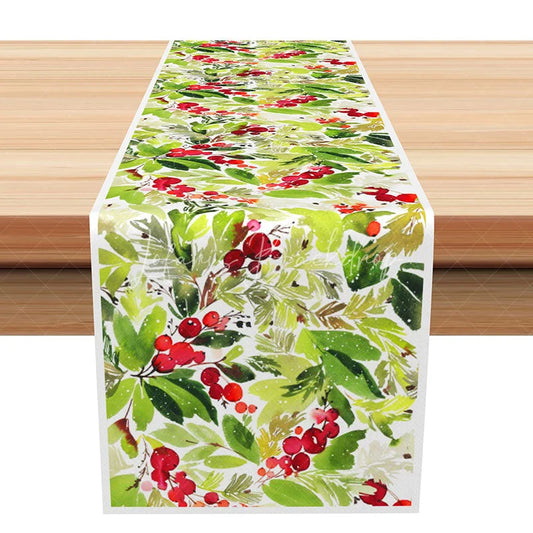 Lofaris Winter Berry and Greenery Table Runner Watercolor Christmas Holly Holiday Botanical Decor