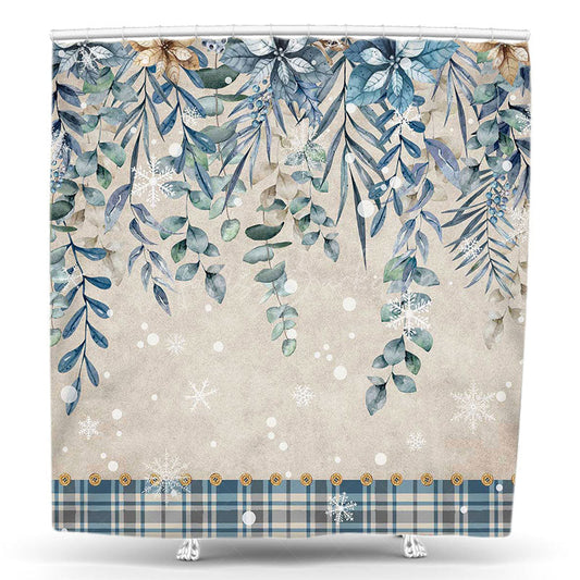 Lofaris Winter Blue Green Plant Leaves Plaid Shower Curtain