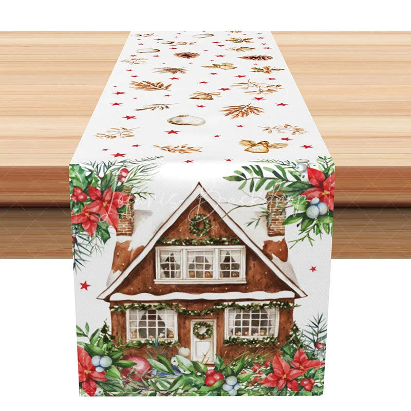 Lofaris Winter Cabin Christmas Table Runner Snowy House with Poinsettia Rustic Holiday Dining Decor