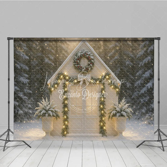 Lofaris Winter Chapel Combo Set Backdrop White Snowy House with Wreath Christmas Holiday Photo Booth Props