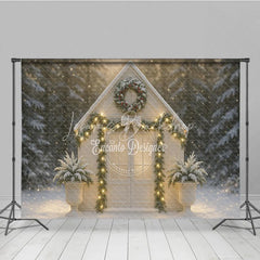Lofaris Winter Chapel Combo Set Backdrop White Snowy House with Wreath Christmas Holiday Photo Booth Props