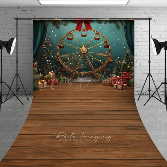 Lofaris Winter Christmas Fair Sweep Photo Backdrop Gold Ferris Wheel with Gifts and Trees Holiday Carnival Prop