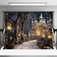 Lofaris Winter Fantasy Castle Backdrop Snowy Path Street Lamps Magical Palace Night Scenery Photo Background