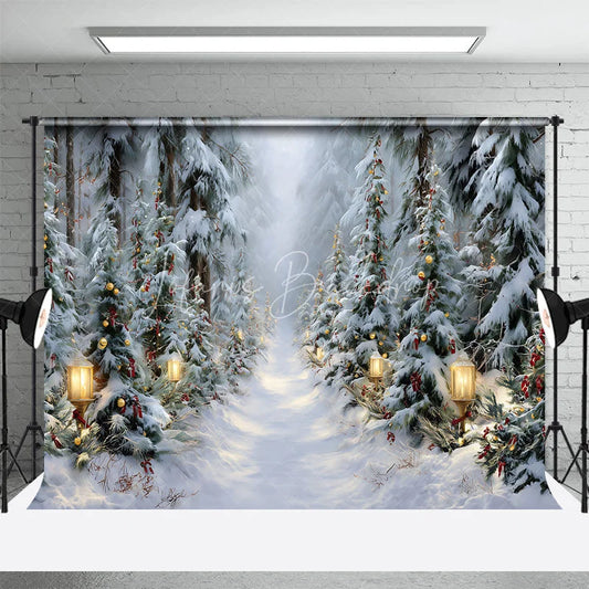Lofaris Winter Forest Path Christmas Backdrop Street Lamp Snow Tree Photography Background Magical Wonderland Holiday Party Decoration