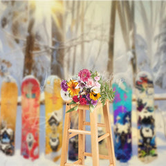 Lofaris Winter Forest Snowboard Backdrop Snowy Woods Ski Board Photography Background Outdoor Sport Holiday Party Decoration Prop