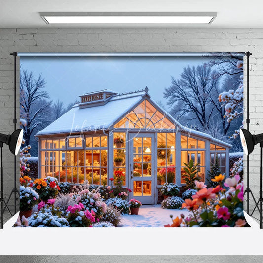 Lofaris Winter Greenhouse Backdrop Snowy Garden Floral Photography Background Christmas Glass House Holiday Party Decoration