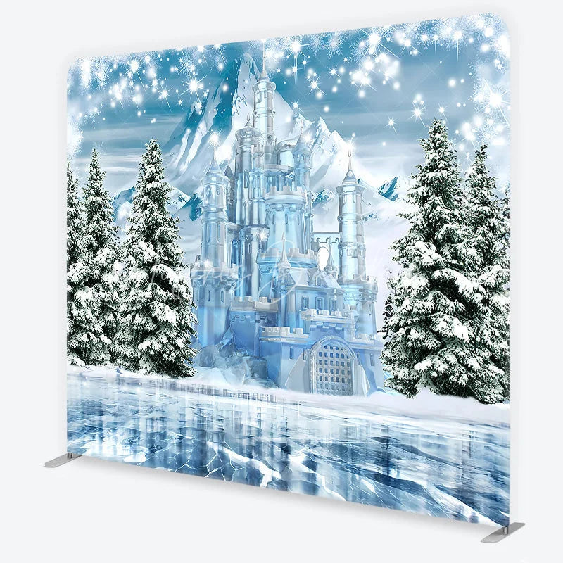 Lofaris Winter Ice Castle Tension Fabric Backdrop Snow Mountain and Pine Trees Background Magical Fairy Tale Holiday Decor