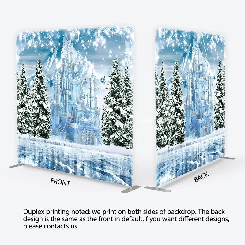Lofaris Winter Ice Castle Tension Fabric Backdrop Snow Mountain and Pine Trees Background Magical Fairy Tale Holiday Decor