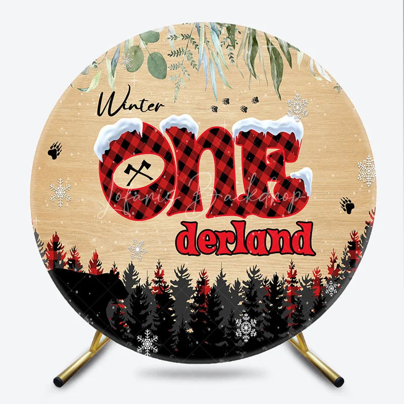 Lofaris Winter Onederland First Birthday Round Backdrop Lumberjack Buffalo Plaid with Bear Rustic Woodland Party Decor