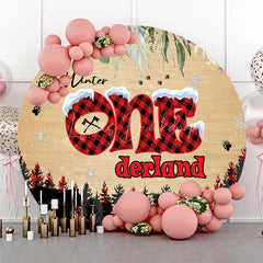 Lofaris Winter Onederland First Birthday Round Backdrop Lumberjack Buffalo Plaid with Bear Rustic Woodland Party Decor