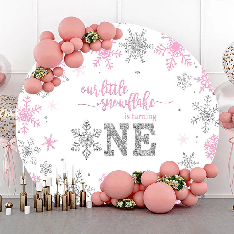 Lofaris Winter Onederland Round Backdrop Pink Silver Snowflake 1st Birthday Decoration Turning One Background