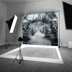 Lofaris Winter Park Christmas Backdrop Street Lamp Grey Bow Light Tunnel Background Snowy Path Holiday Party Decoration