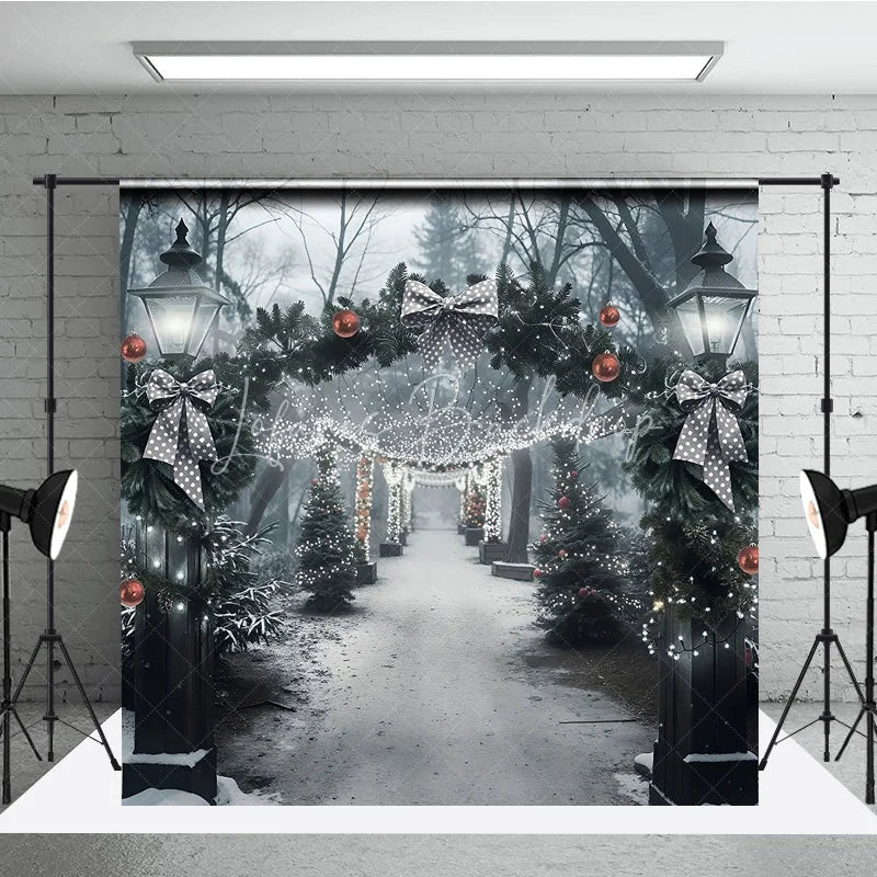 Lofaris Winter Park Christmas Backdrop Street Lamp Grey Bow Light Tunnel Background Snowy Path Holiday Party Decoration